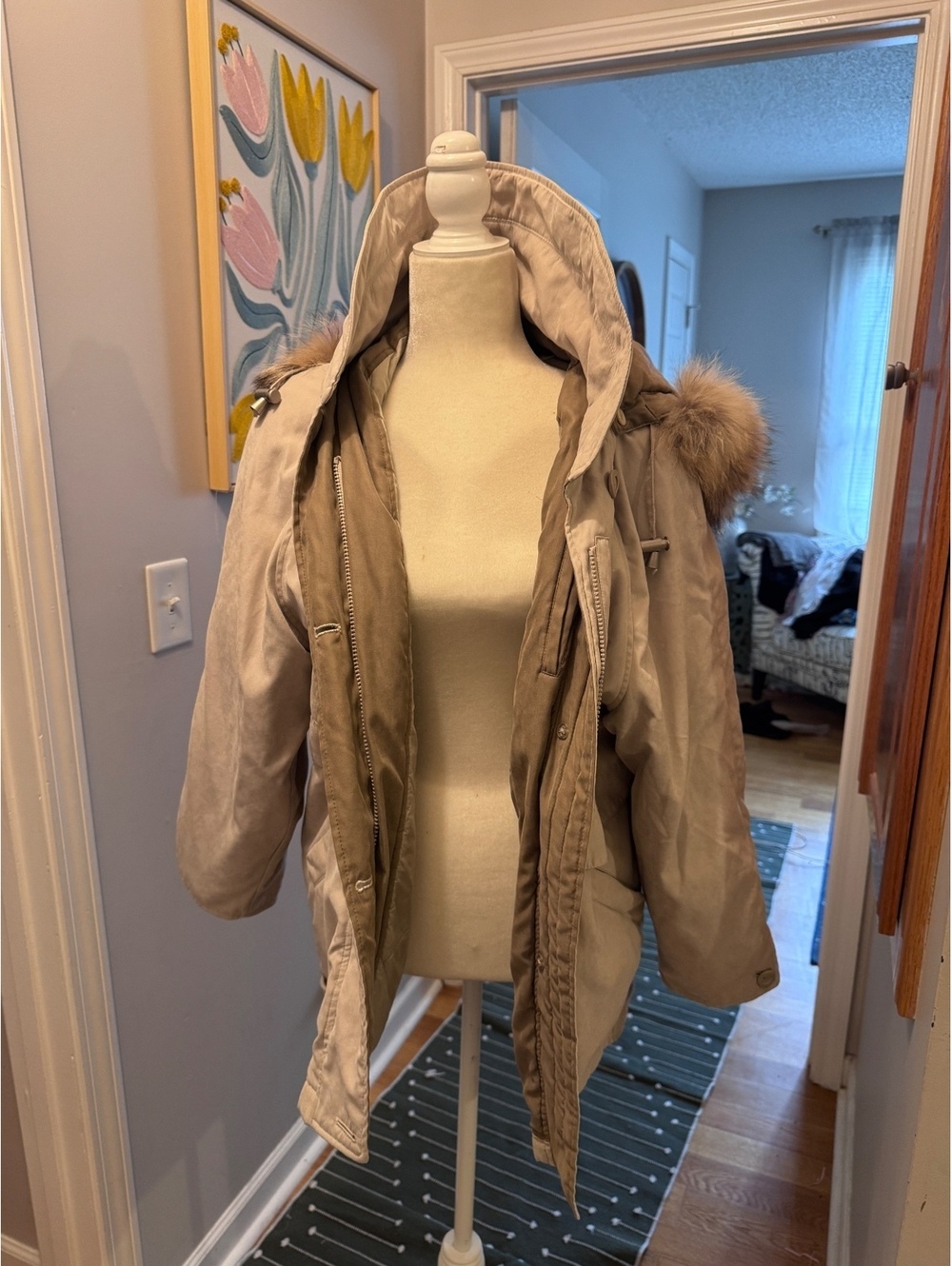 London fog jacket with fur trimmed hood
